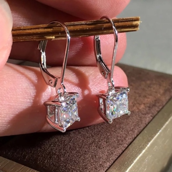 2 Carat Princess Cut Solitaire Drop Earrings - Picture 4 of 4